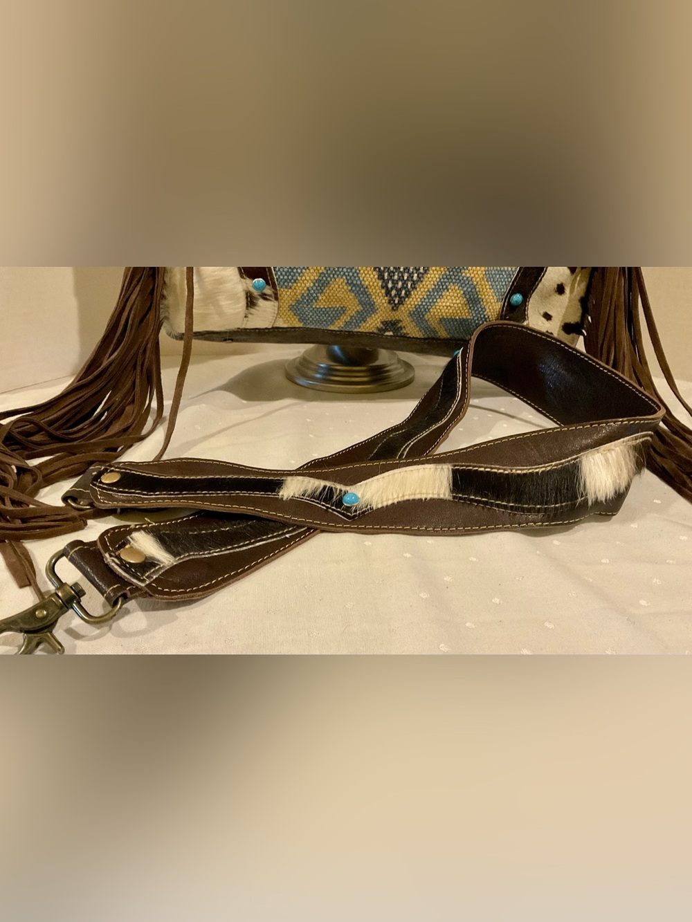MYRA NEEDLEPOINT HANDBAG, LEATHER & HAIR CALF MATCHING GUITAR / SHOULDER STRAP - Picture 11 of 15